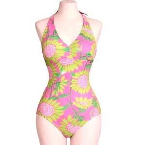 Vintage Lilly Pulitzer Pink Lime Green Sunflower Floral Print 1 Piece Swimsuit 6
